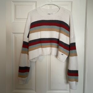 Hollister Women's Striped Cropped Crew Neck Knit Sweater - Cream, Red, Blue, Tan